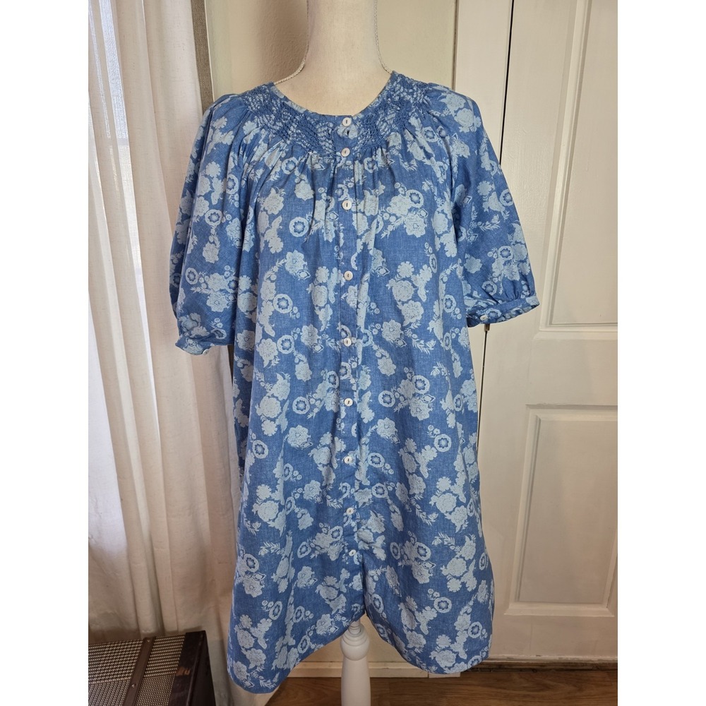 OLIPHANT Large Embroidered Button Mini Dress Pretoria Blue Muumuu Puff Sleeve
